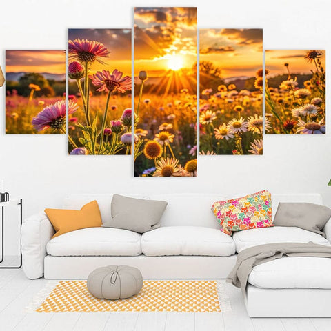 Image of Sunset in Field of Flowers