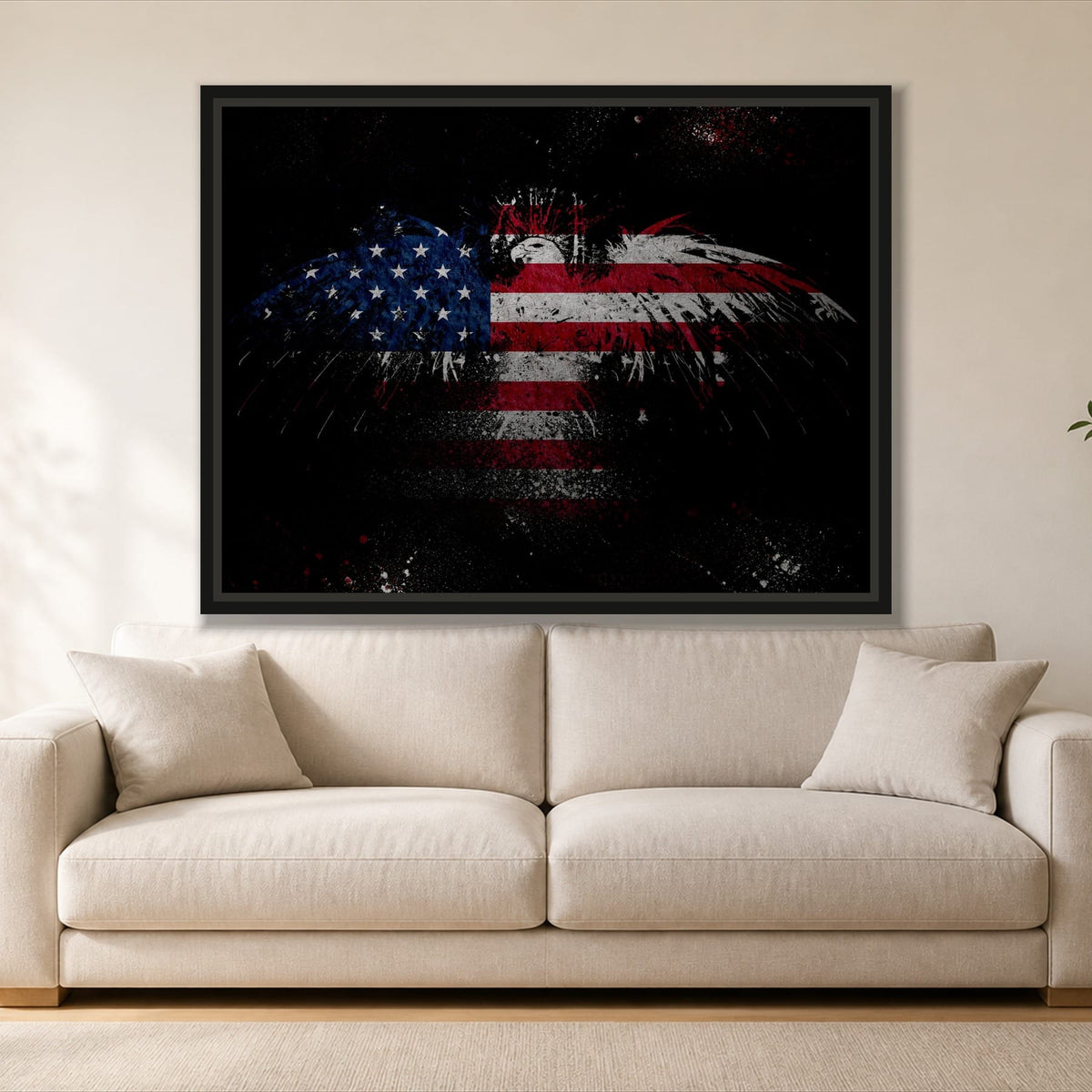 The American Flag with Eagle single panel canvas in a black floating frame