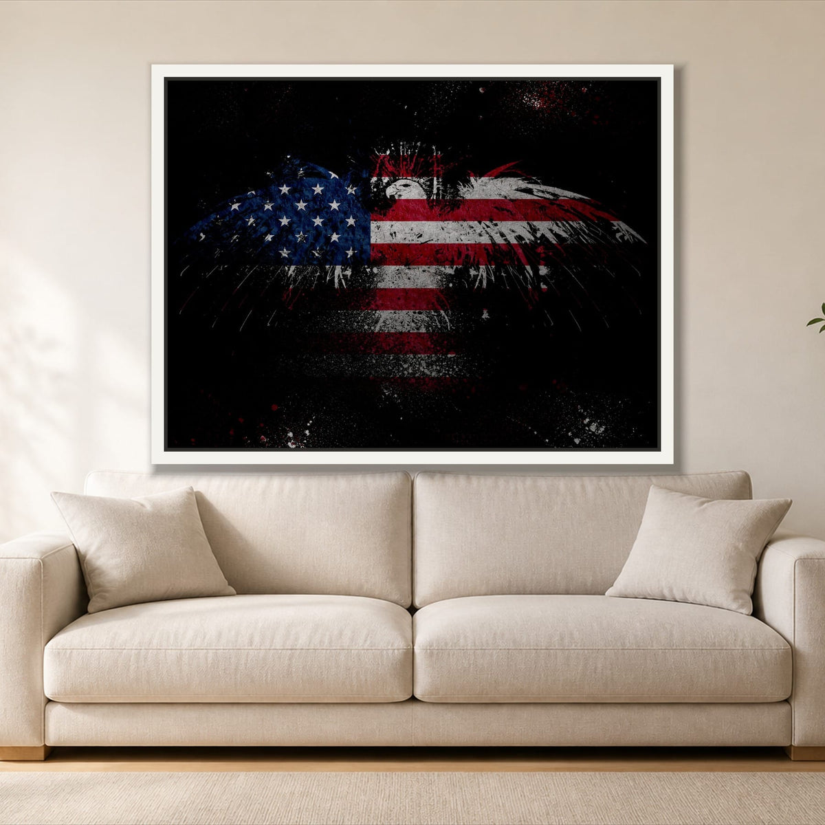 The American Flag with Eagle single panel canvas in a white floating frame