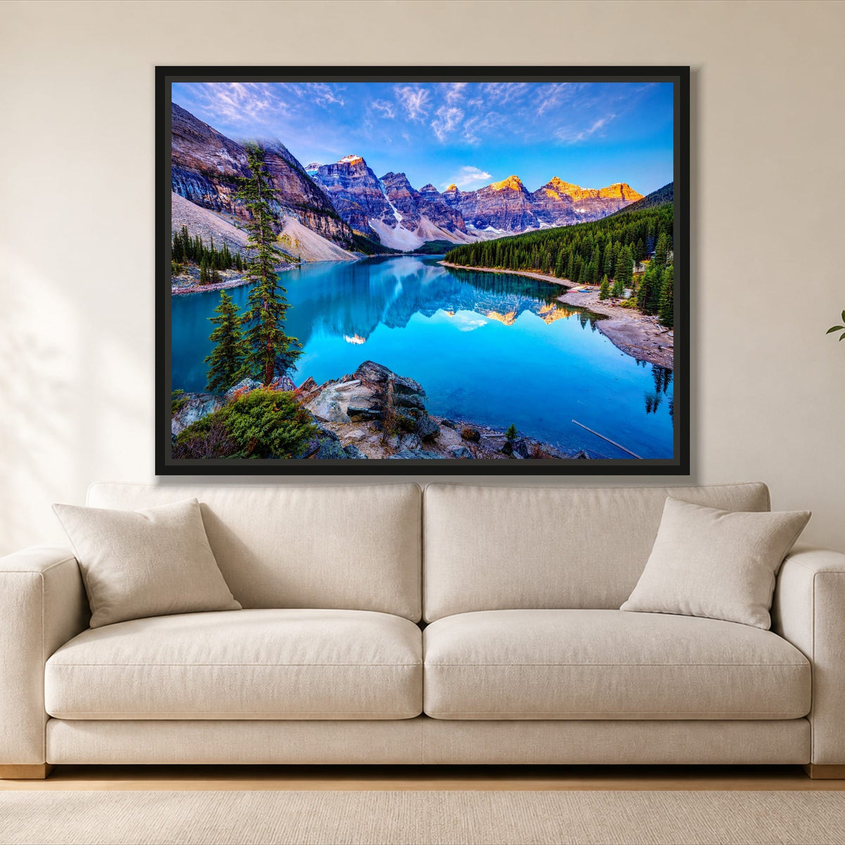 Bright Blue Moraine Lake single panel canvas in a black floating frame