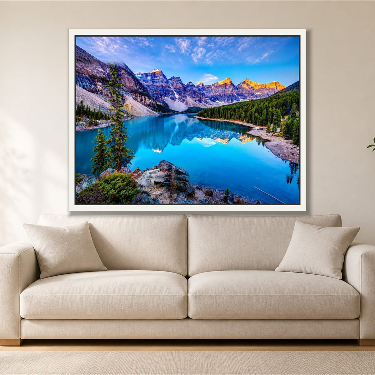 Bright Blue Moraine Lake single panel canvas in a white floating frame