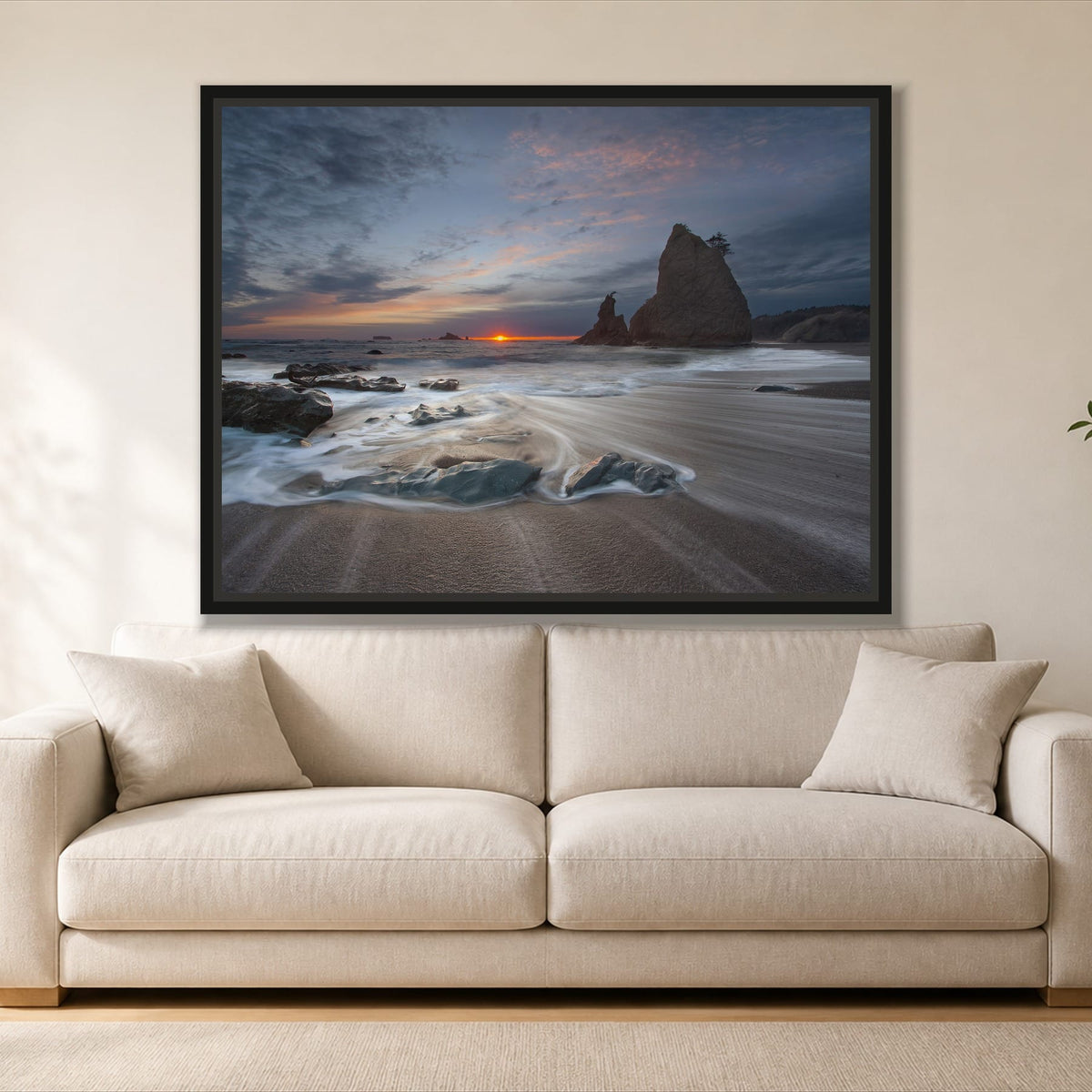 Sunrise on a Rocky Beach single panel canvas in a black floating frame