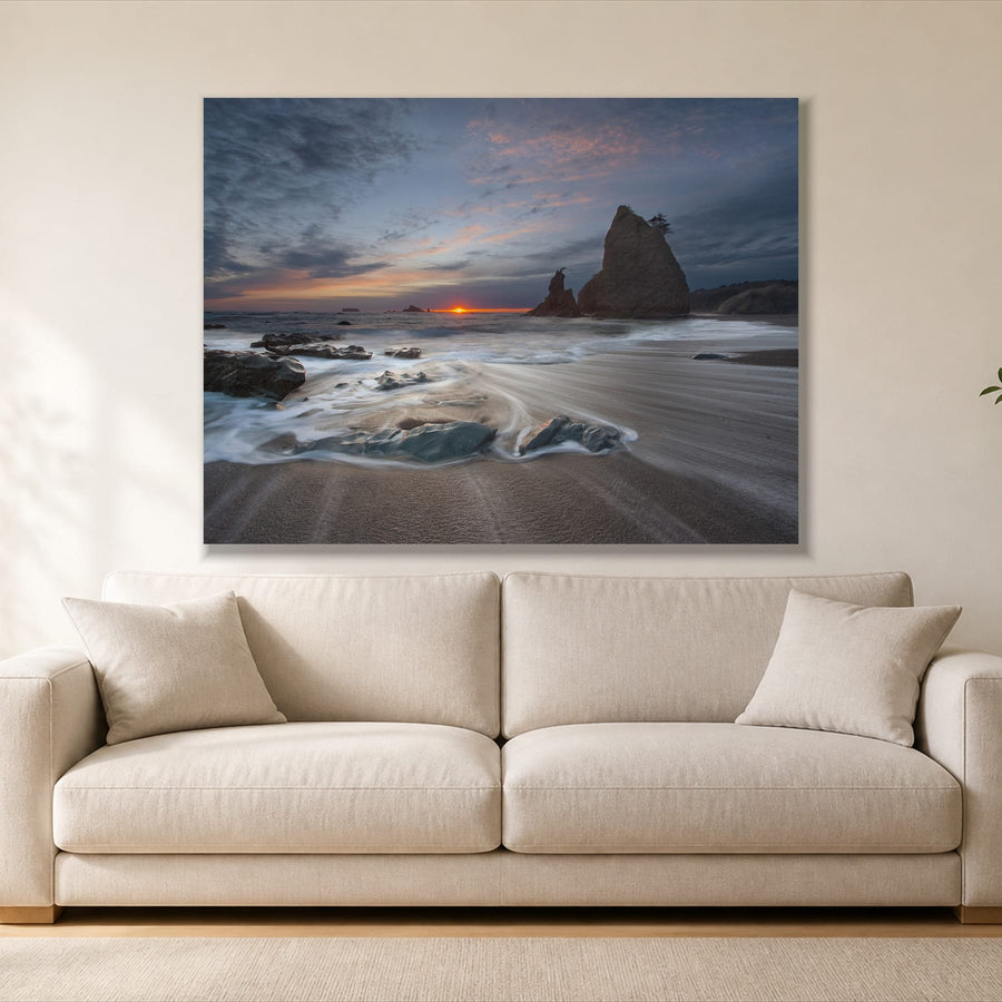 Sunrise on a Rocky Beach single panel canvas, gallery wrap, hung above a sofa