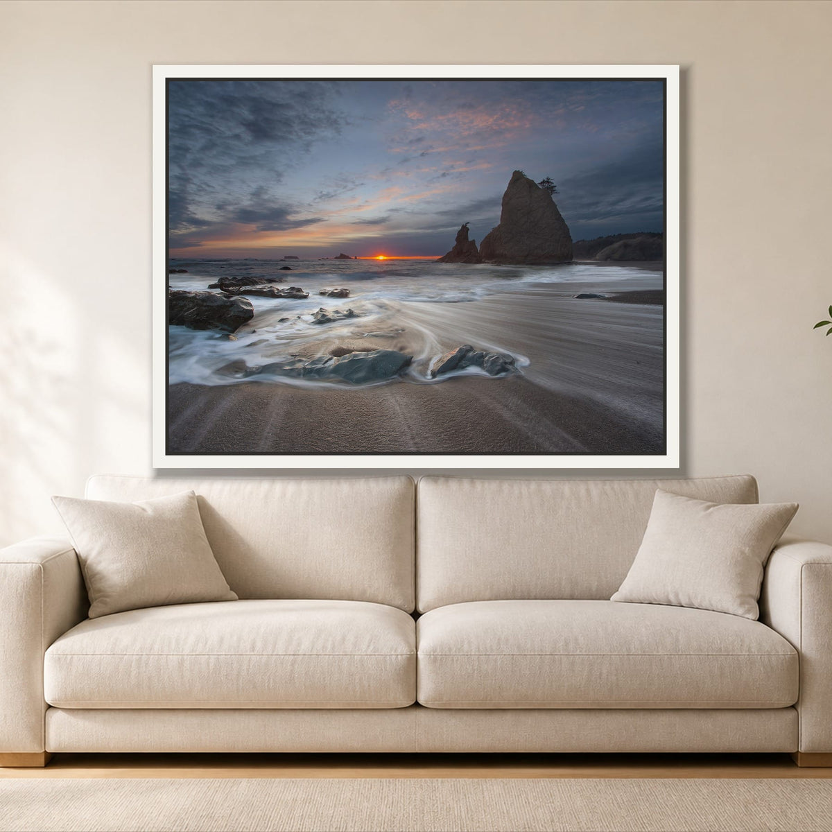 Sunrise on a Rocky Beach single panel canvas in a white floating frame