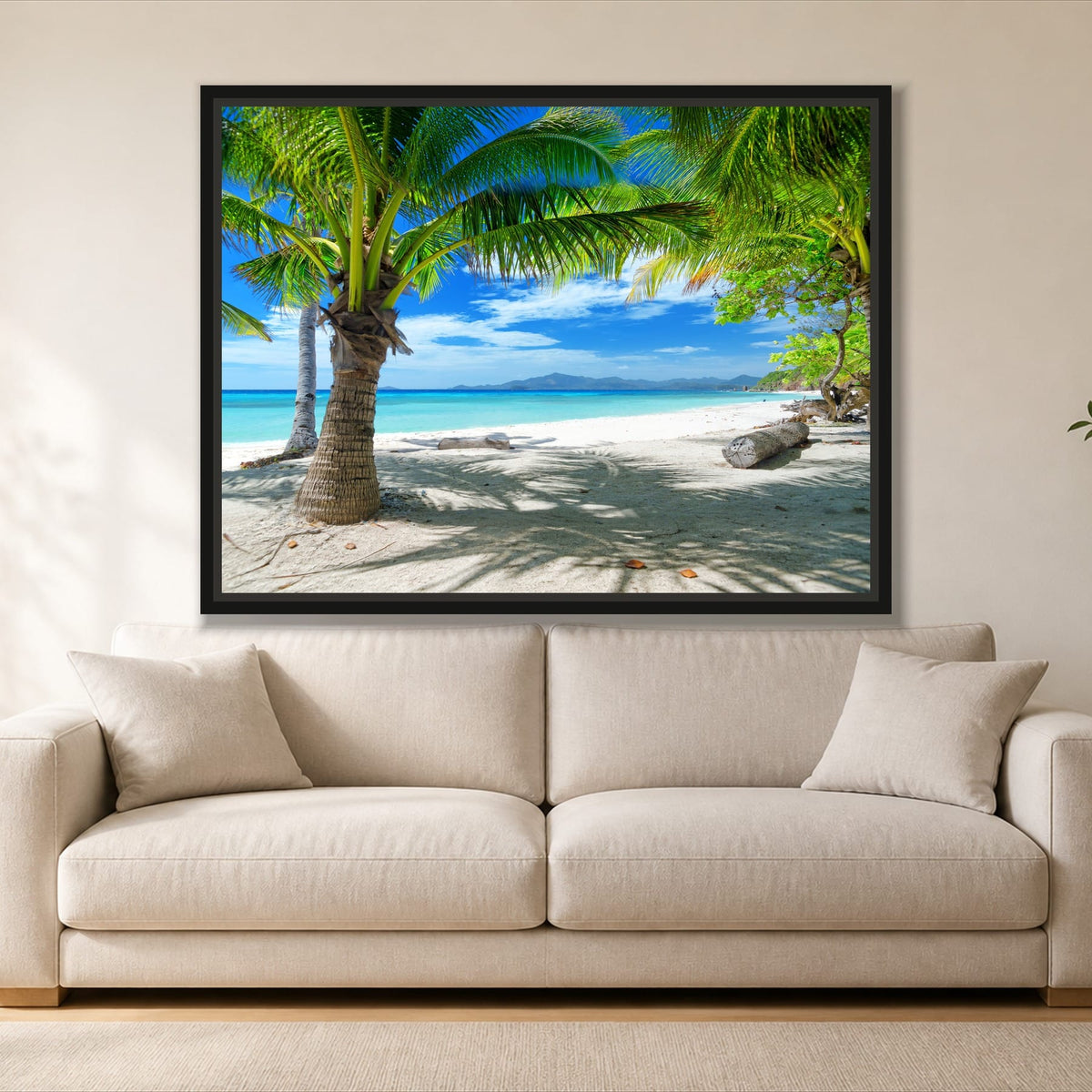 Calm Blue Ocean Views single panel canvas in a black floating frame