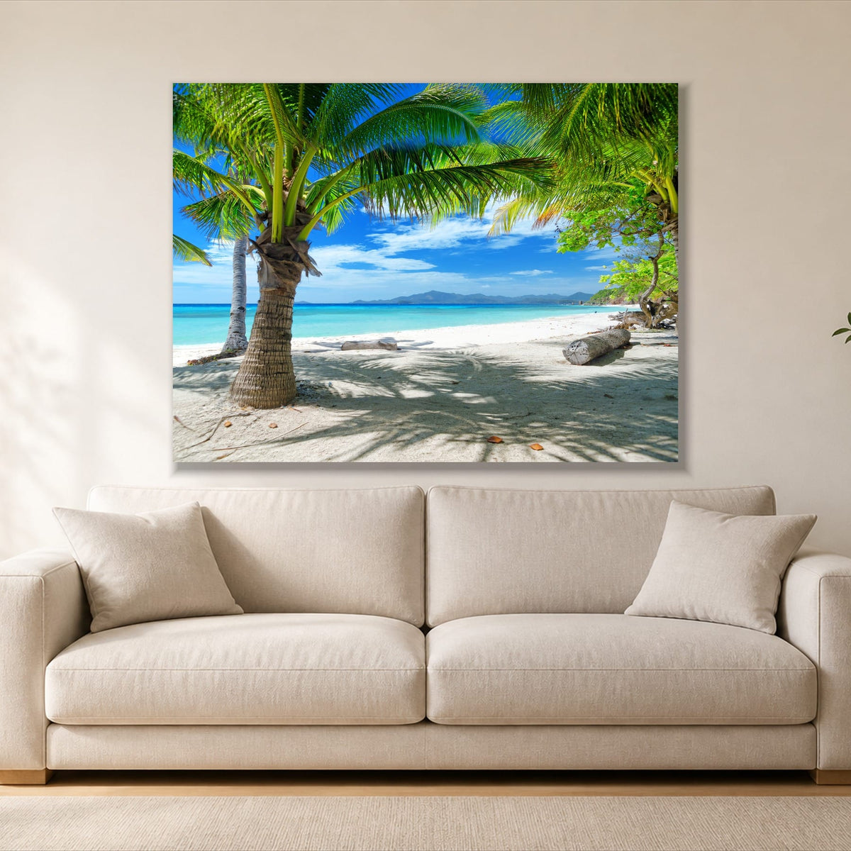 Calm Blue Ocean Views single panel canvas, gallery wrap, hung above a sofa