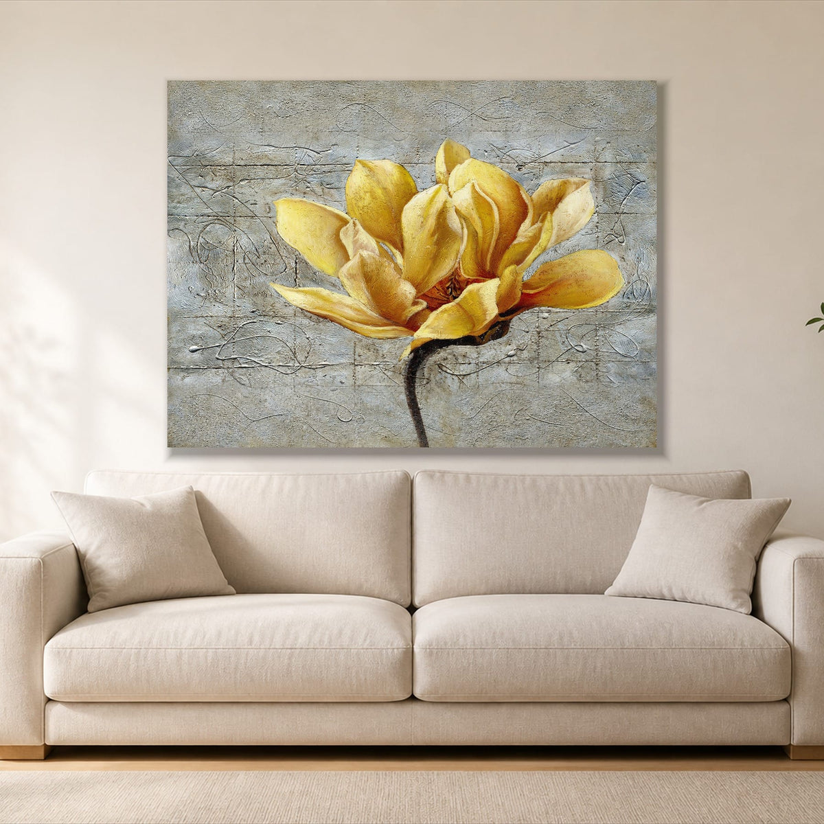 Flower of Life single panel canvas, gallery wrap, hung above a sofa