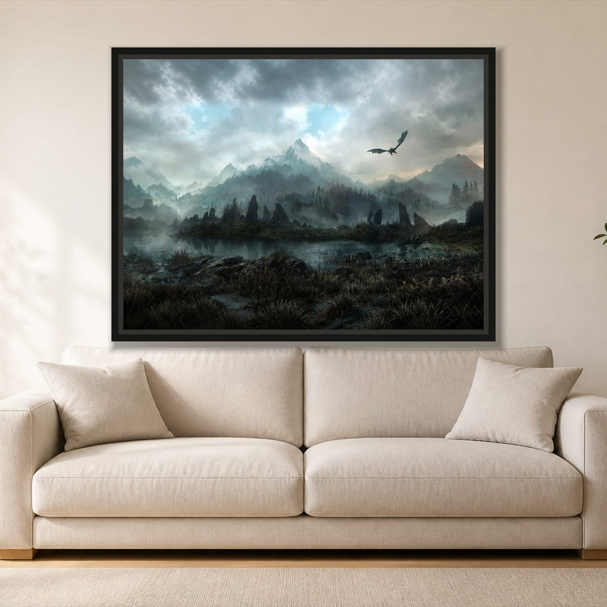 Mountain Dragon single panel canvas in a black floating frame