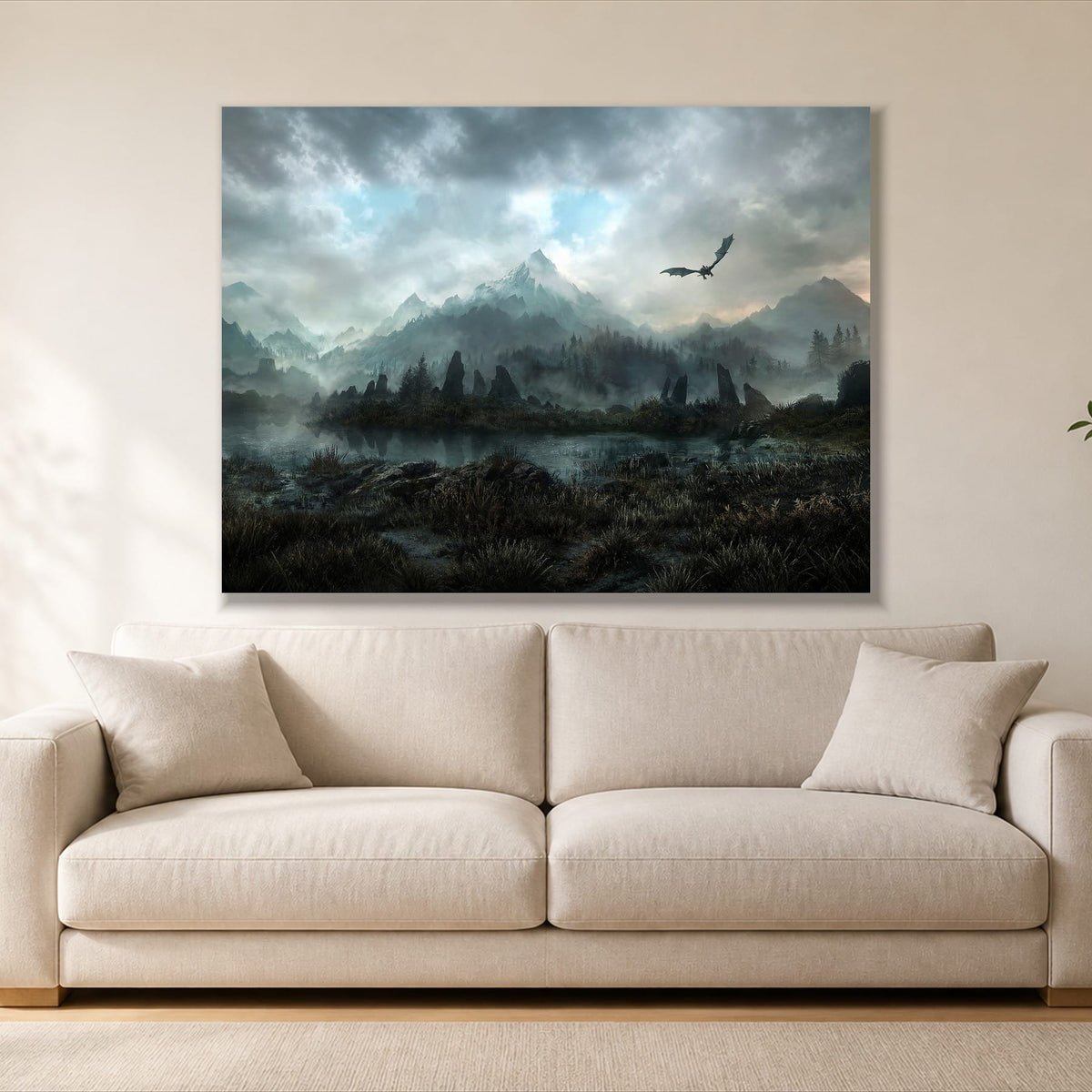 Mountain Dragon single panel canvas, gallery wrap, hung above a sofa