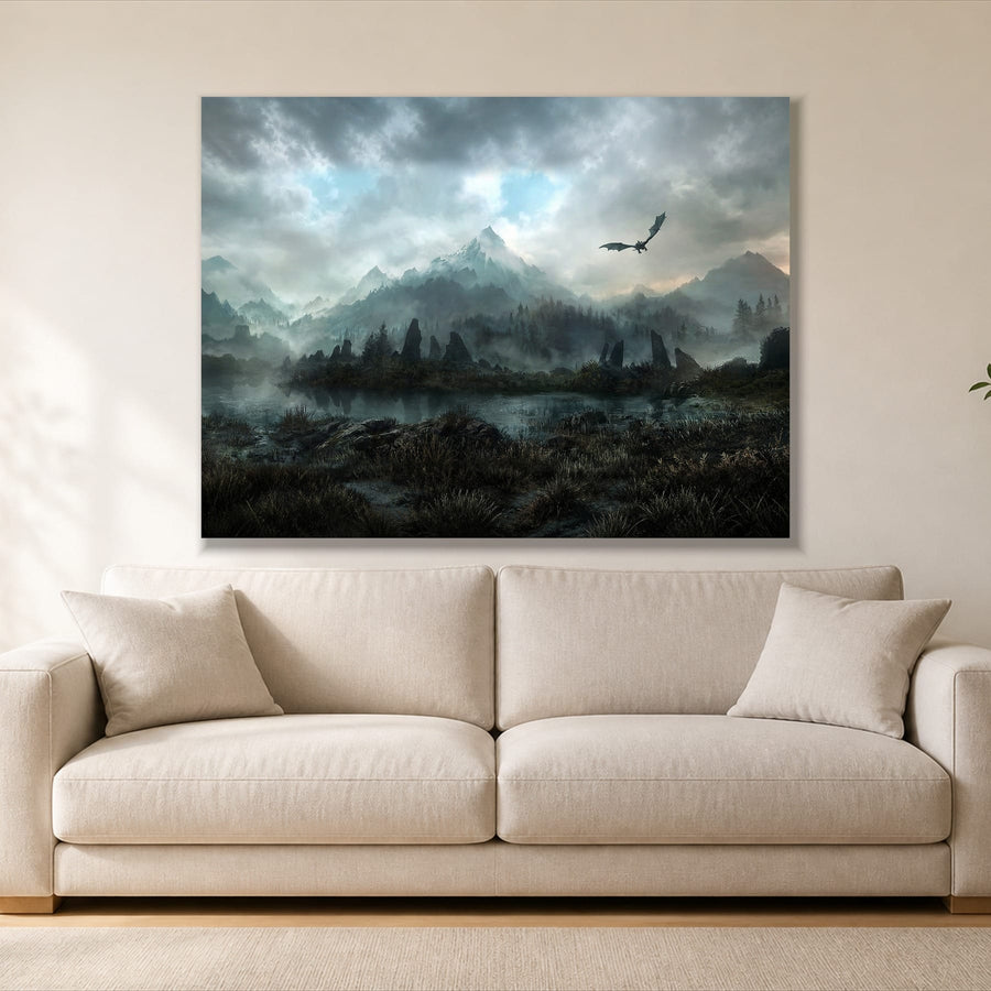Mountain Dragon single panel canvas, gallery wrap, hung above a sofa