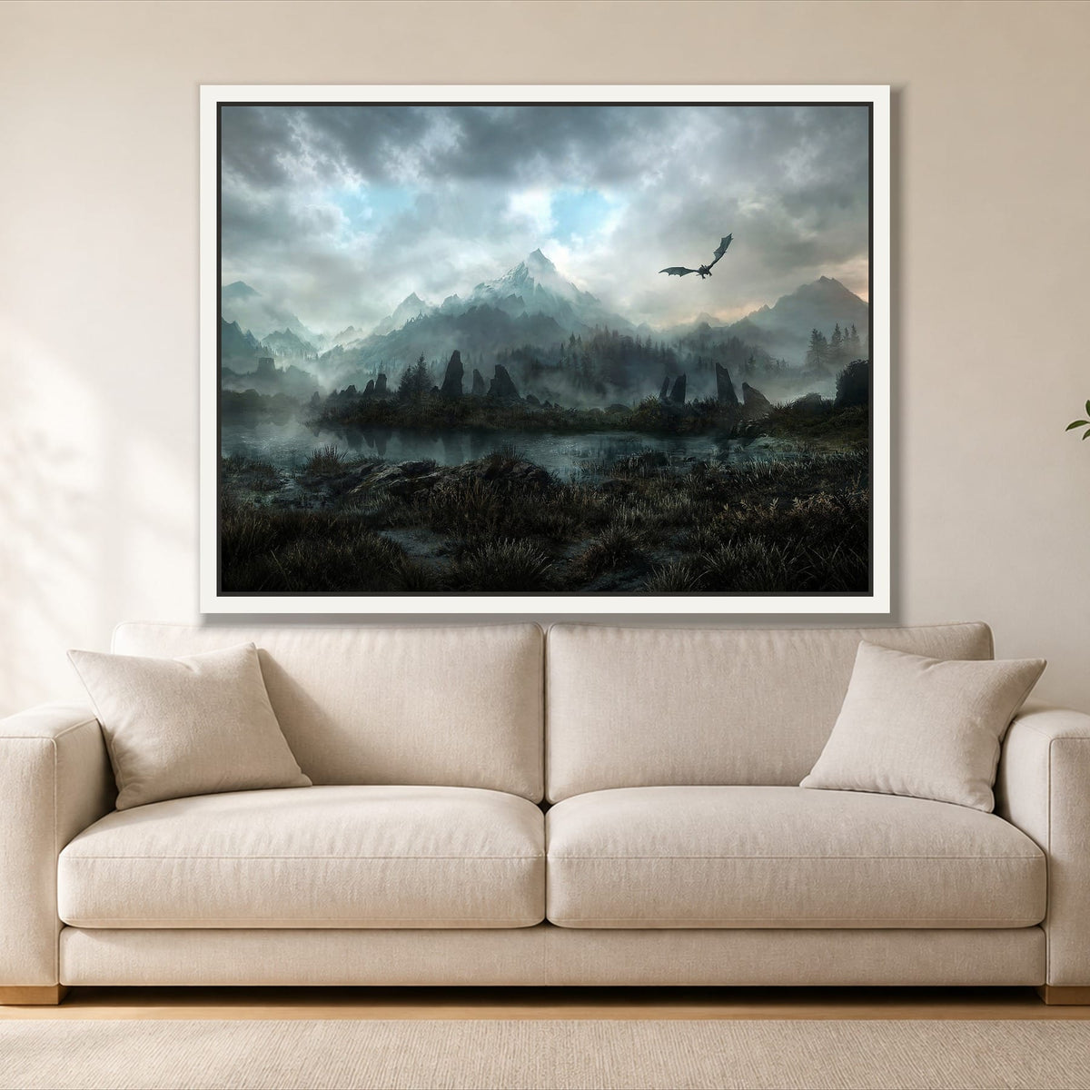 Mountain Dragon single panel canvas in a white floating frame