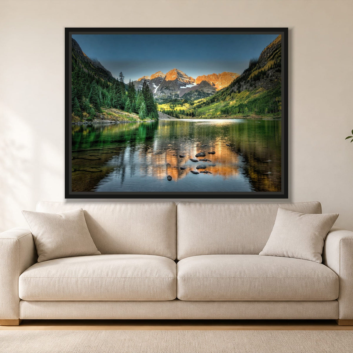 Mountain Lake View single panel canvas in a black floating frame