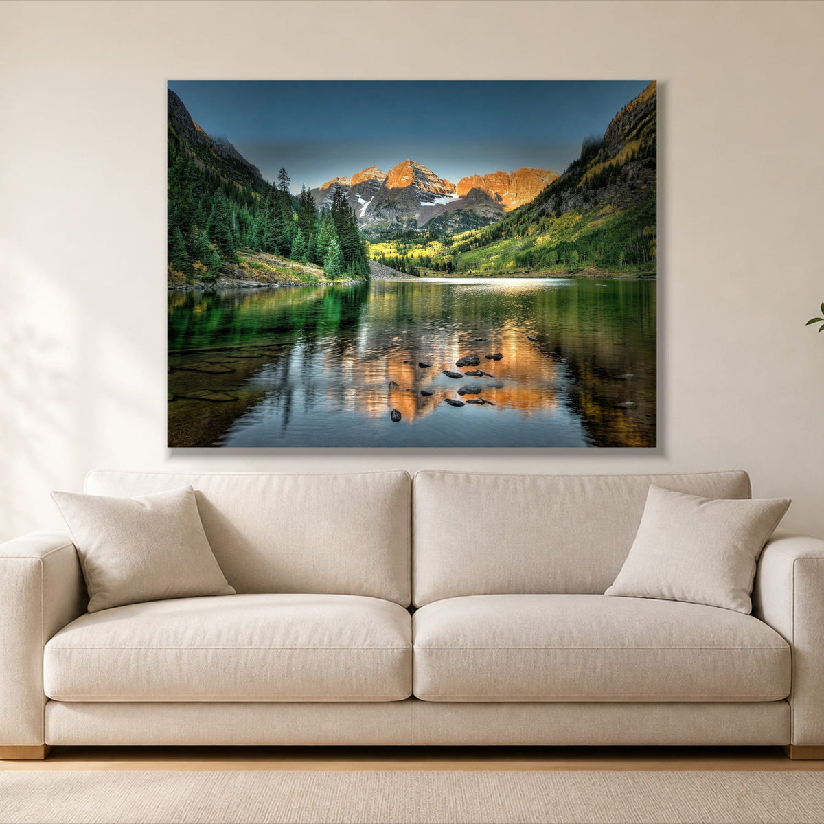 Mountain Lake View single panel canvas, gallery wrap, hung above a sofa
