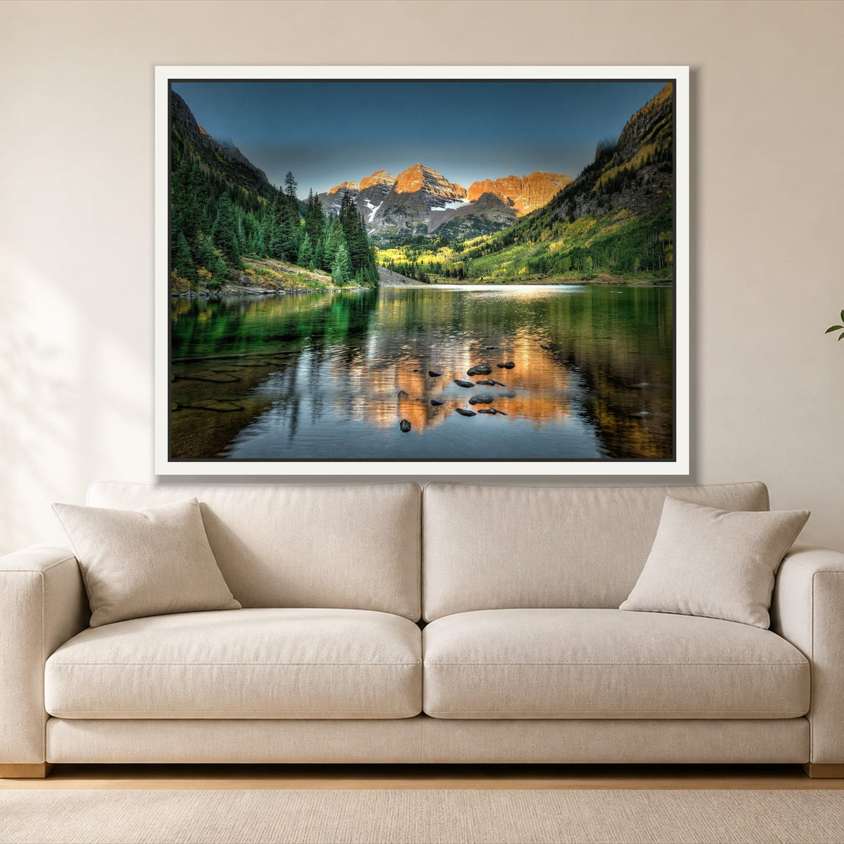 Mountain Lake View single panel canvas in a white floating frame