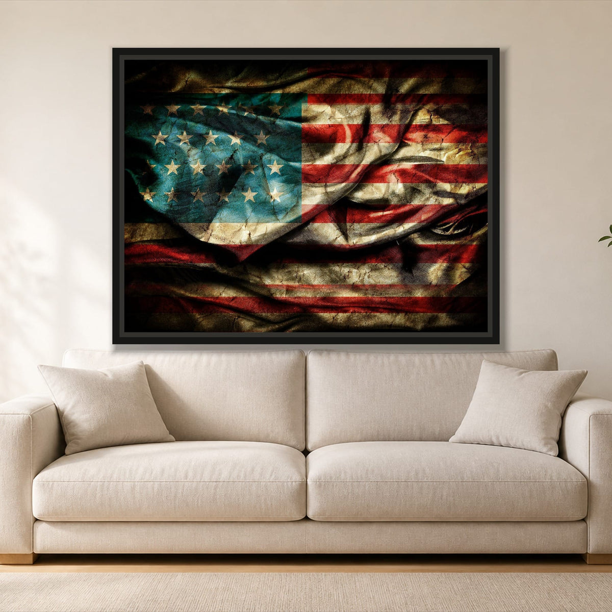 Retro American Flag single panel canvas in a black floating frame