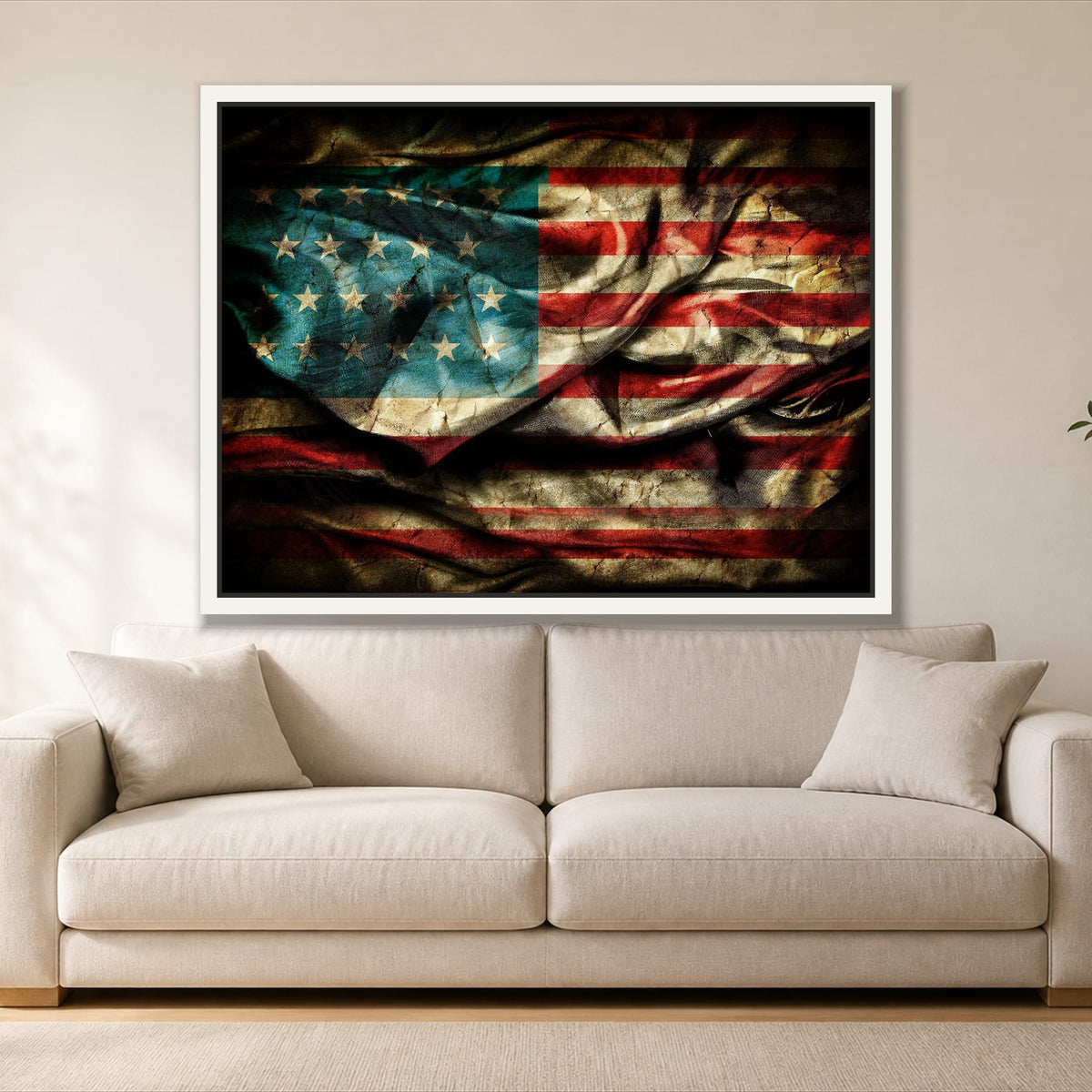 Retro American Flag single panel canvas in a white floating frame