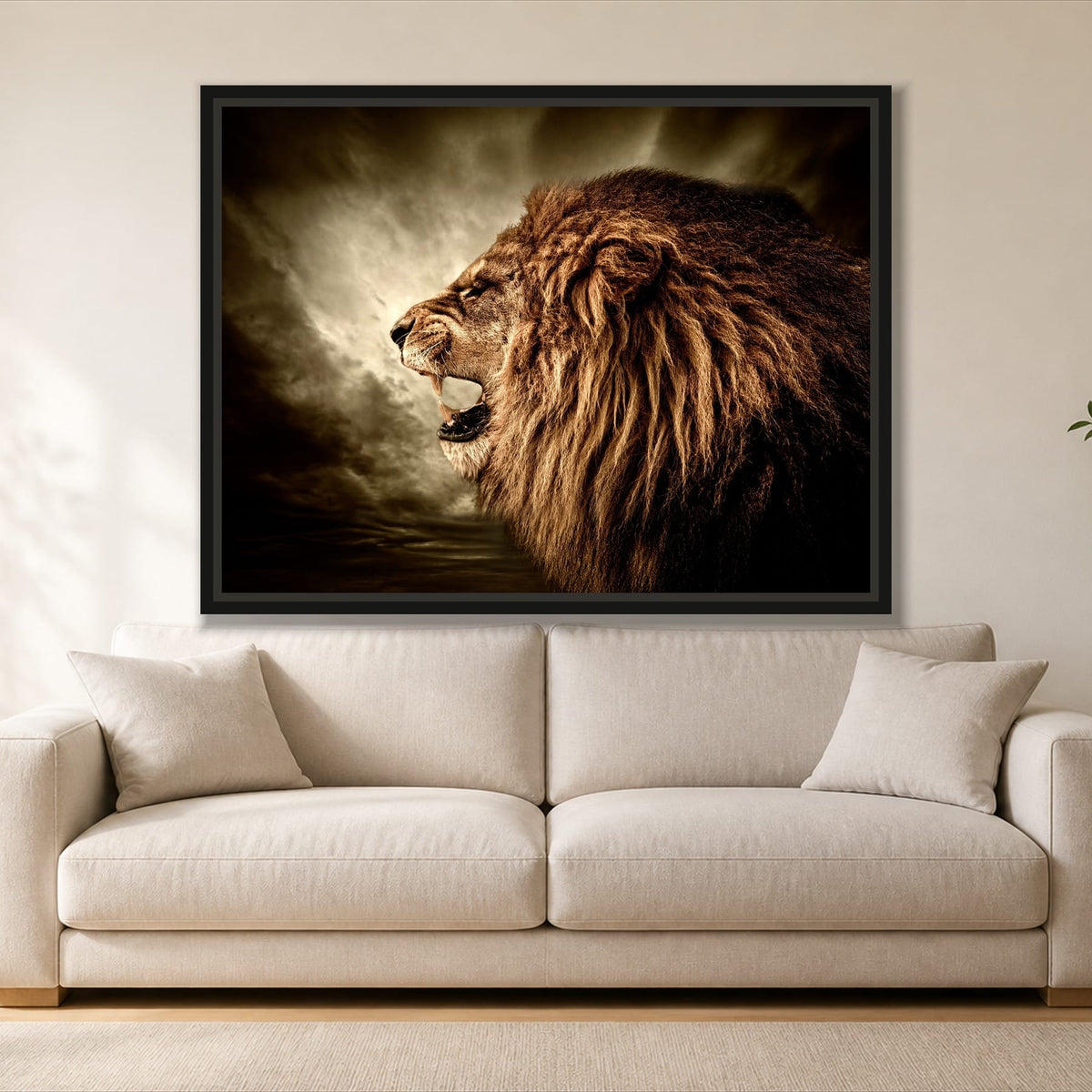 Roaring Lion single panel canvas in a black floating frame