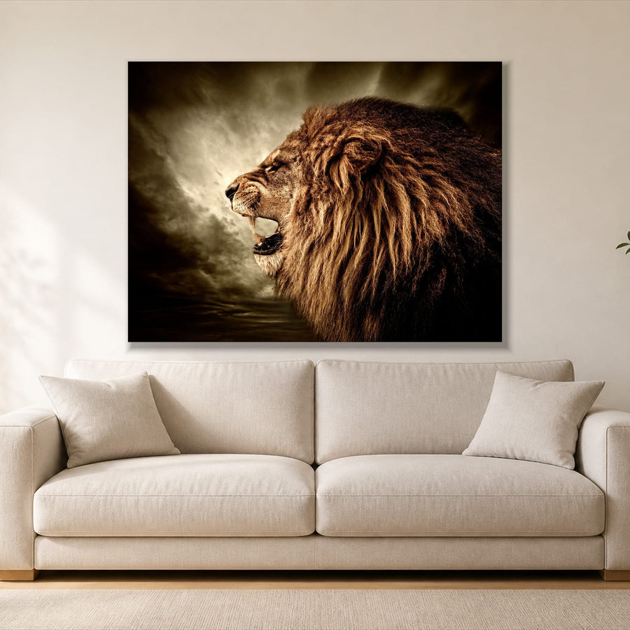 Roaring Lion single panel canvas, gallery wrap, hung above a sofa
