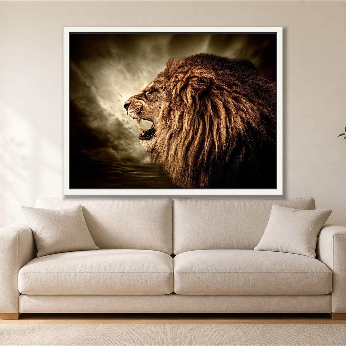 Roaring Lion single panel canvas in a white floating frame