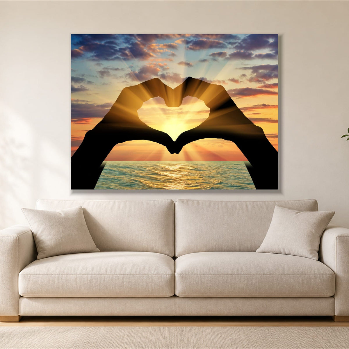 Rays of Love single panel canvas, gallery wrap, hung above a sofa