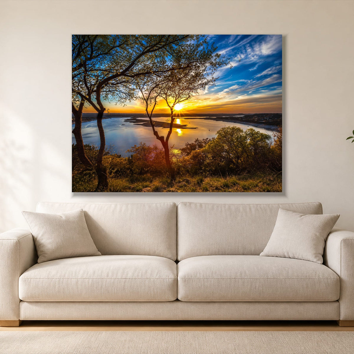 Sunrise in Paradise single panel canvas, gallery wrap, hung above a sofa