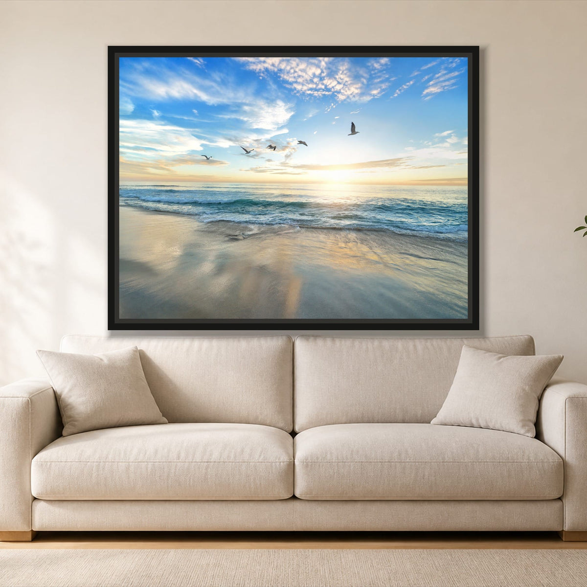 Sunset with Birds single panel canvas in a black floating frame