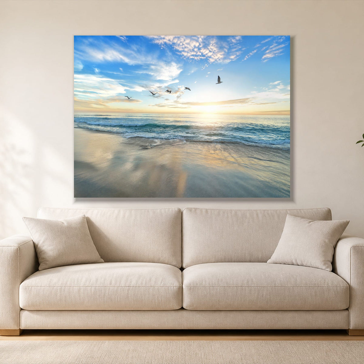 Sunset with Birds single panel canvas, gallery wrap, hung above a sofa