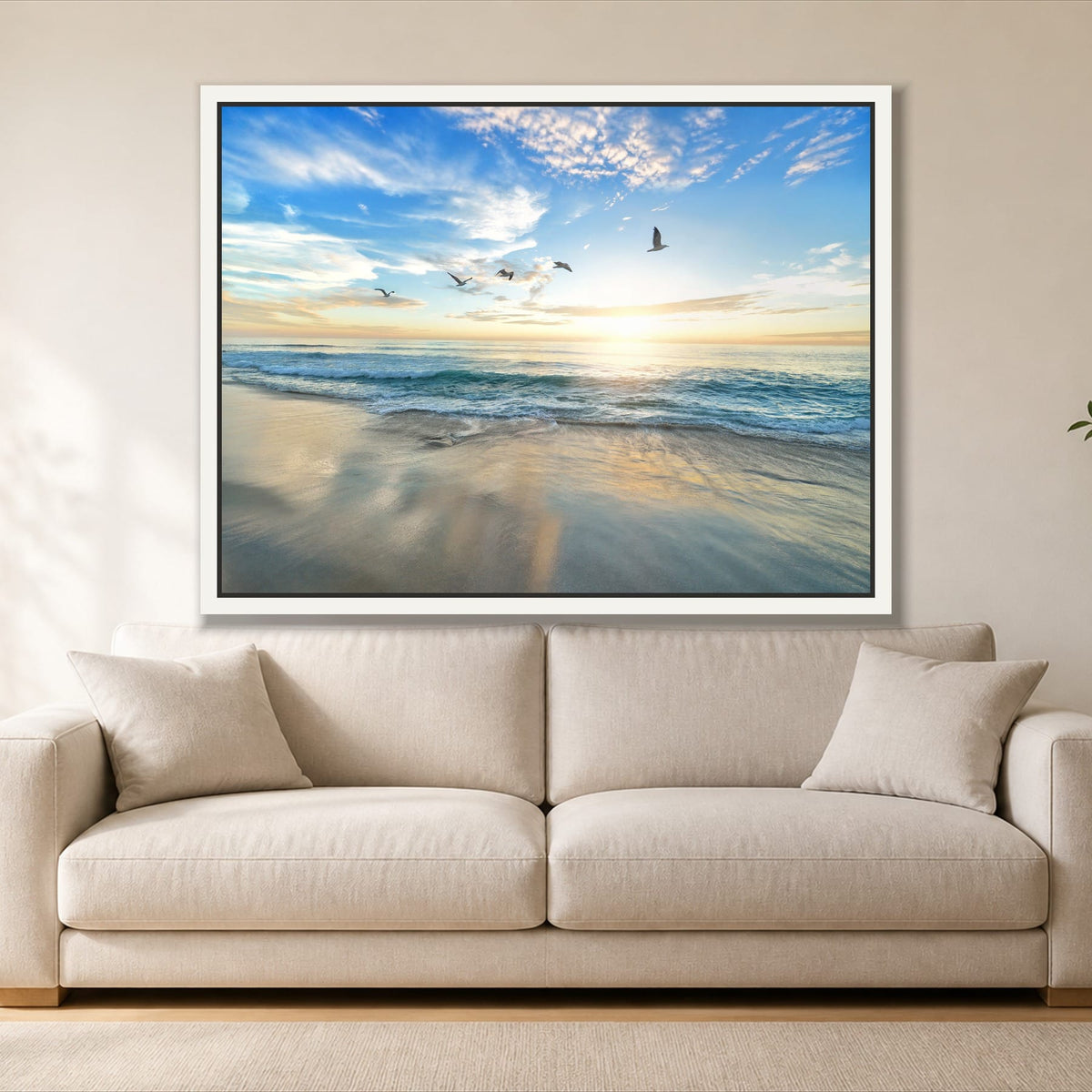 Sunset with Birds single panel canvas in a white floating frame