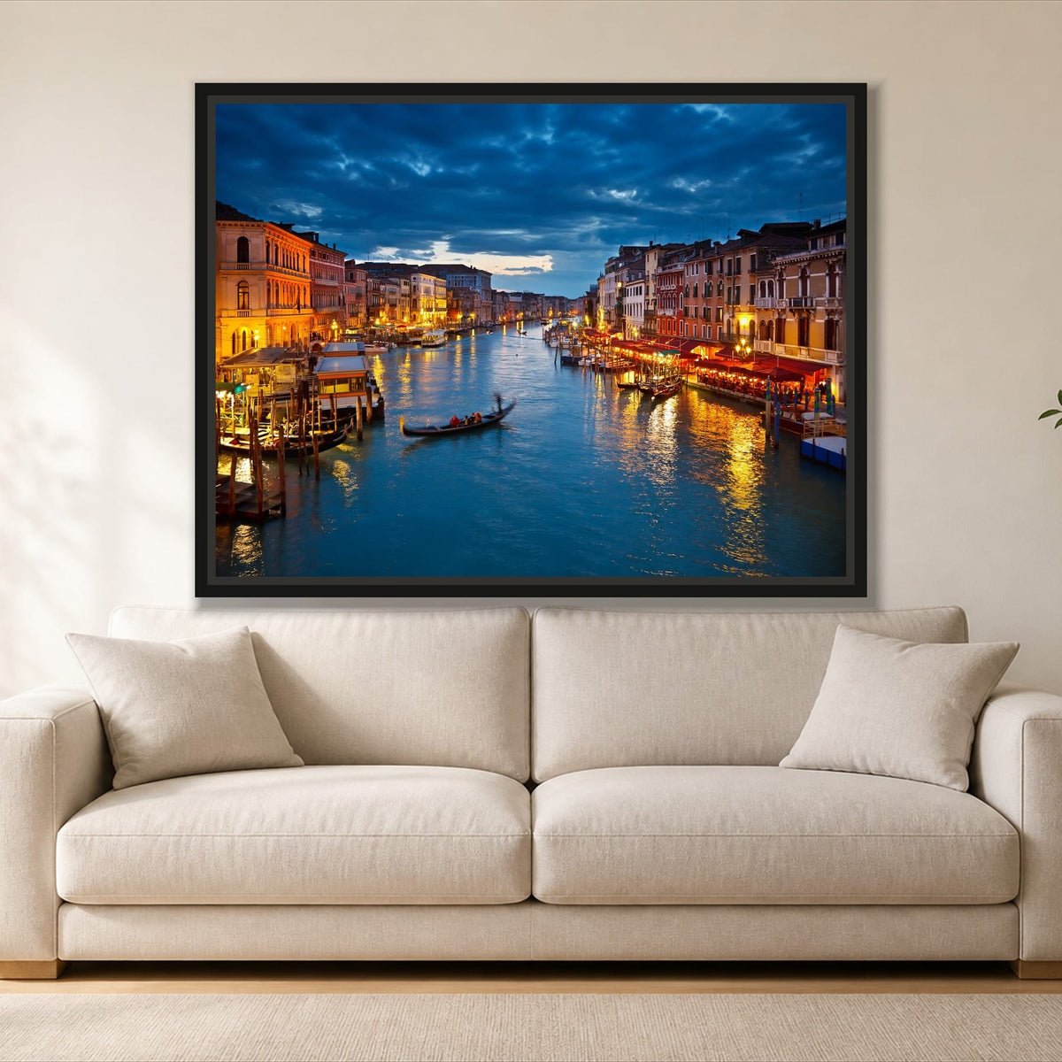 Venice at Night single panel canvas in a black floating frame