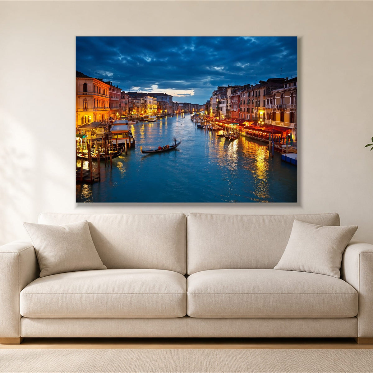 Venice at Night single panel canvas, gallery wrap, hung above a sofa