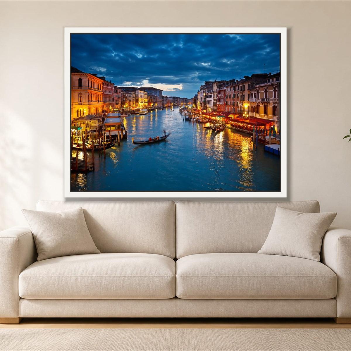 Venice at Night single panel canvas in a white floating frame