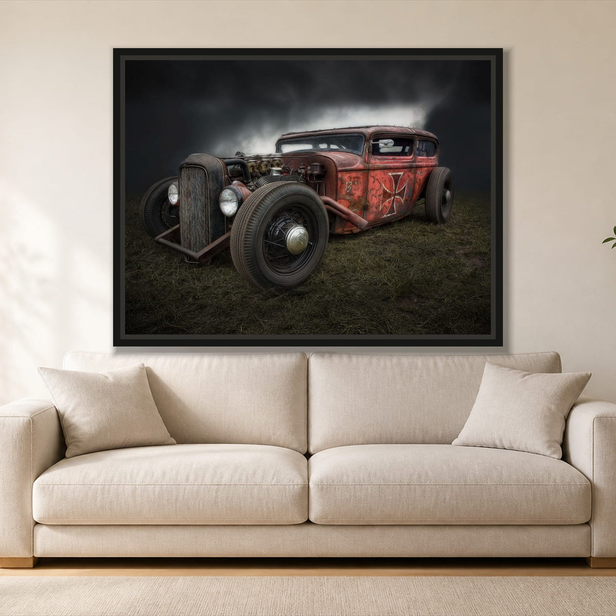 Vintage Hot Rod Car single panel canvas in a black floating frame