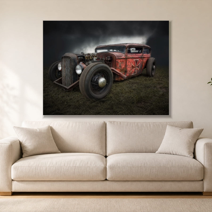 Vintage Hot Rod Car single panel canvas, gallery wrap, hung above a sofa