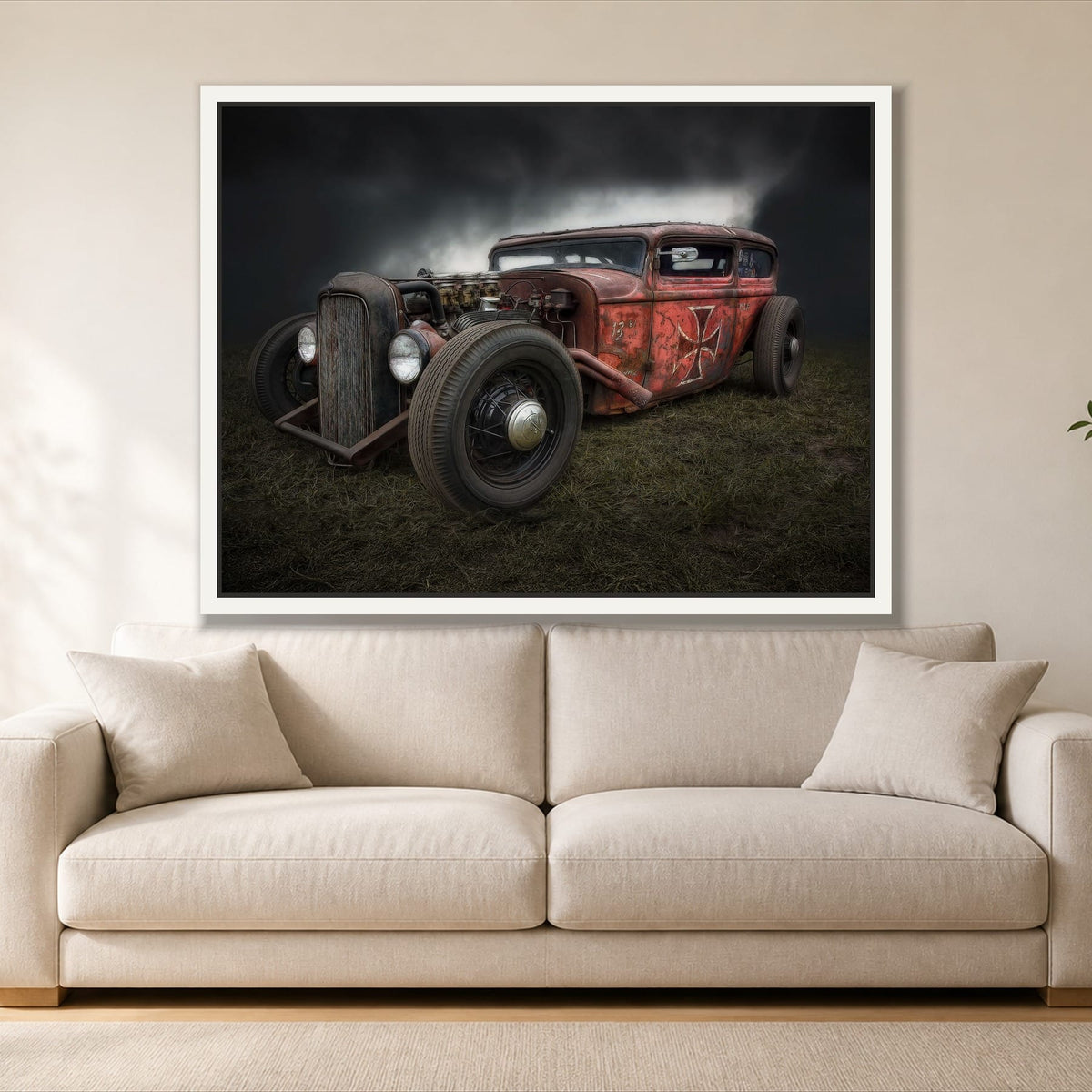 Vintage Hot Rod Car single panel canvas in a white floating frame