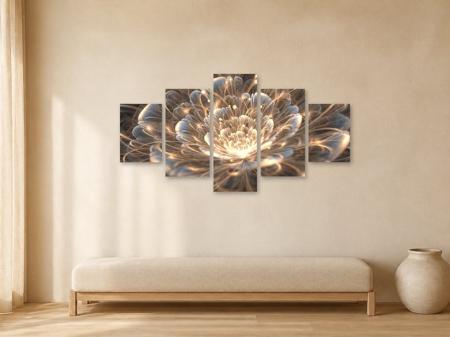 Glowing Flower canvas artwork displayed in a warm neutral interior.