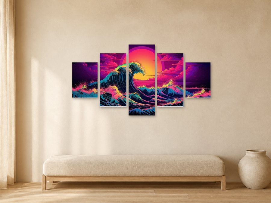 Colorful Waves canvas artwork displayed in a warm neutral interior.