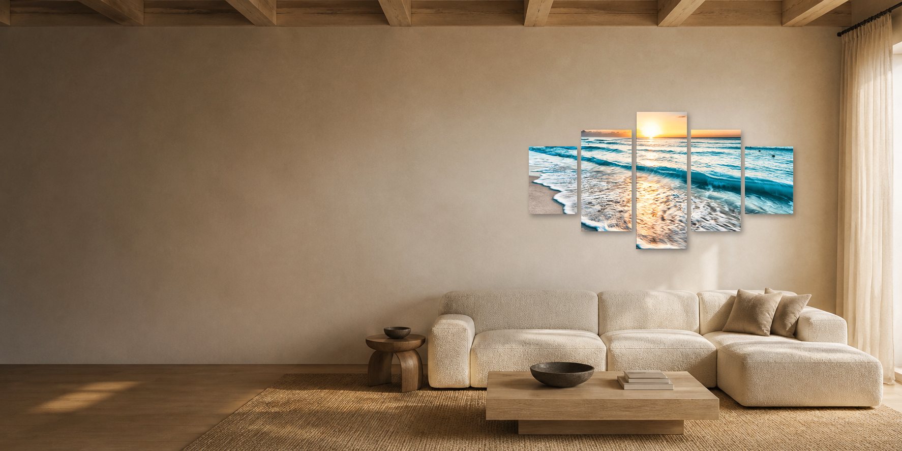Relaxing Sunset canvas artwork displayed above a cream sofa in a warm contemporary living room.