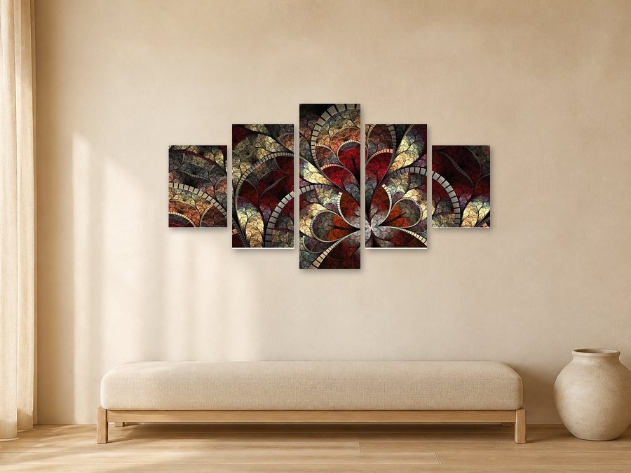 Red Abstract Art canvas artwork displayed in a warm neutral interior.