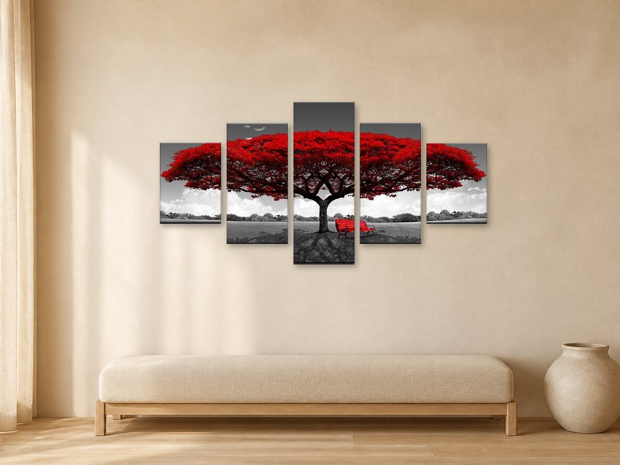 Fire Tree canvas artwork displayed in a warm neutral interior.