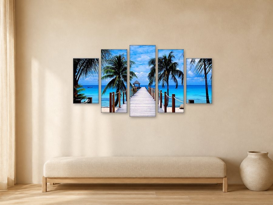 Pier to Paradise canvas artwork displayed in a warm neutral interior.